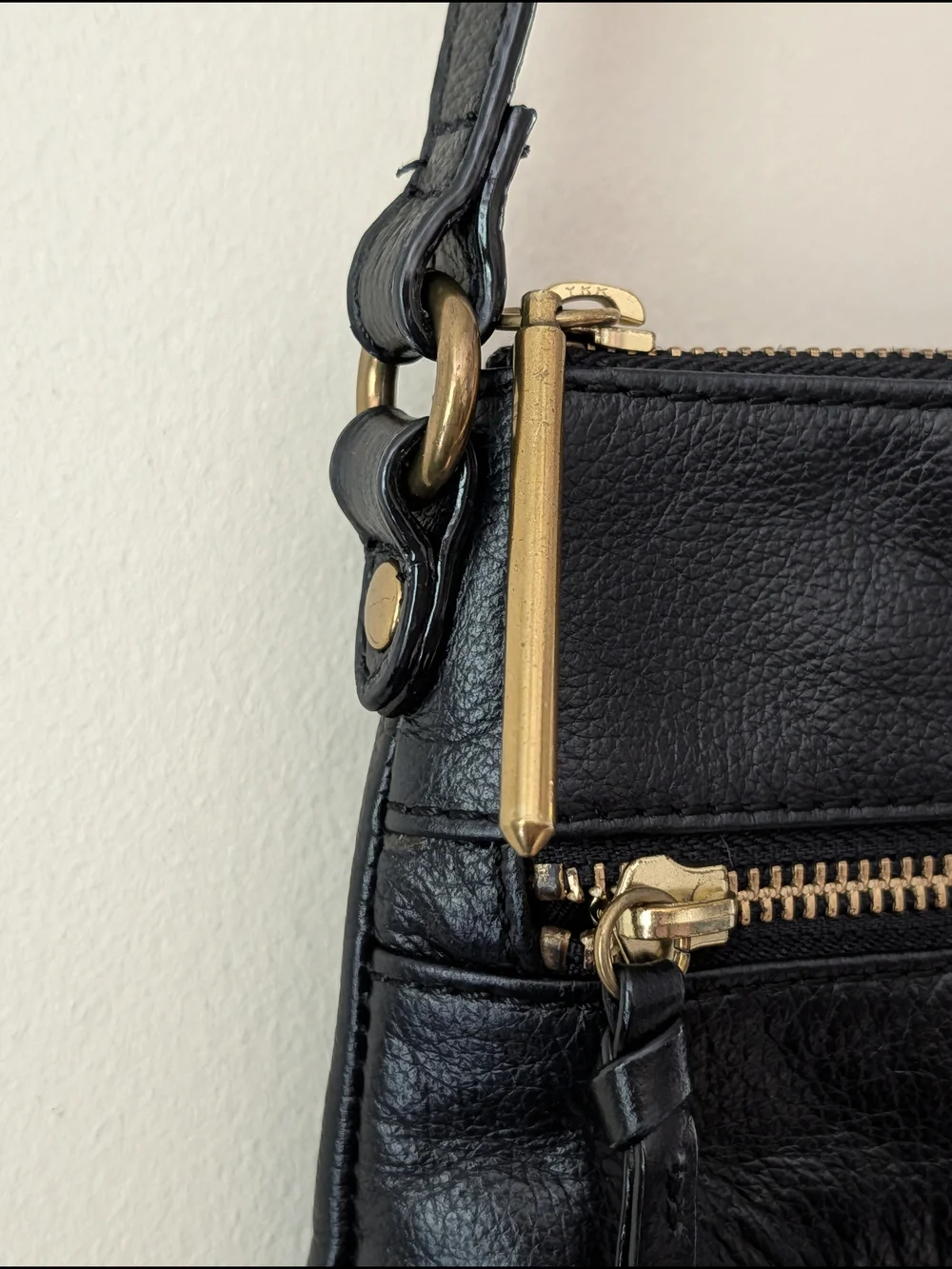 Elliott Lucca Black Leather Crossbody Bag with Gold Hardware